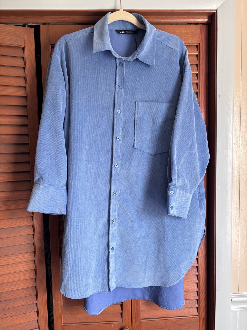 Zara Light Blue Corduroy Long Sleeve Button Shirt Dress